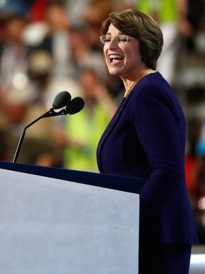 Sen. Amy Klobuchar, D-Minn., delivers remarks on the second day of the Democratic National Convention on Tuesday at the Wells Fargo Center in Philadelphia.