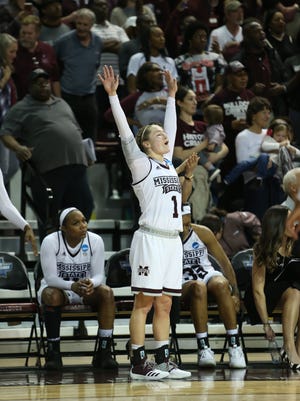 Mississippi State's Blair Schaefer (1) celebrates as the clock ticks down in the final moments of the game. Mississippi State played Oklahoma State in the second round of the NCAA Women's basketball tournament at Humphrey Coliseum on Monday, March 19, 2018. Photo by Keith Warren