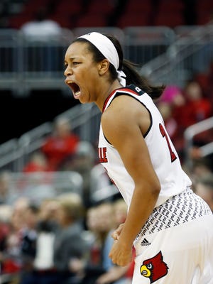 Louisville's Asia Durr celebrates after knocking down a three. Durr had 34 points against Bowling Green.Nov. 19, 2016