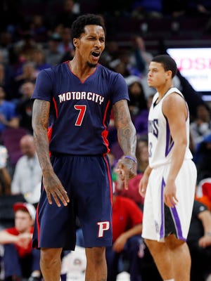 Detroit Pistons guard Brandon Jennings celebrates hitting a basket against the Sacramento Kings in the second half of Sunday's 114-95 victory.