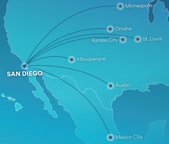 This map provided by Alaska Airlines shows new routes it announced from San Diego on March 15, 2017.