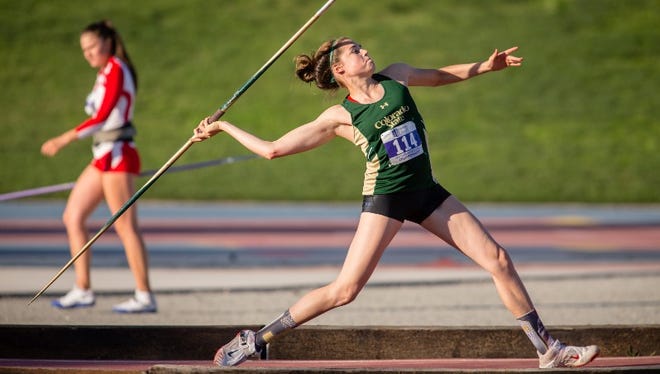 CSU senior Jessi Macedo, shown competing at the Mountain West Championships earlier this month, was in 11th place in the women's javelin when competition was suspended for the day Thursday in the West Preliminary Round of the NCAA championships in Lawrence, Kan.