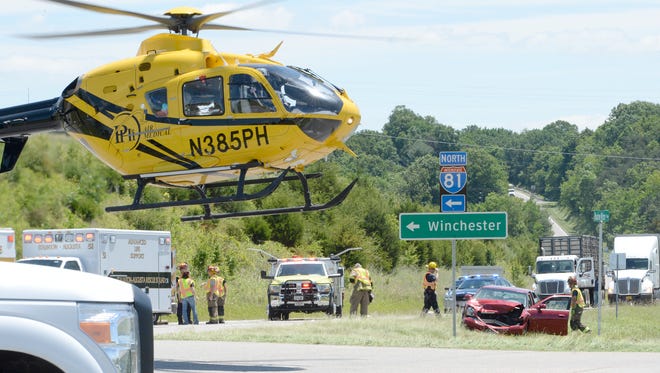 A helicopter takes off from the scene of a two-car crash on Va. 262 in Staunton that took place in 2017.