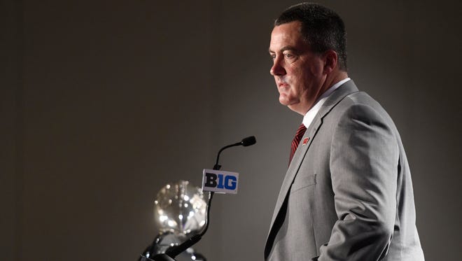 Wisconsin football coach Paul Chryst speaks at the Big Ten media days in Chicago.
