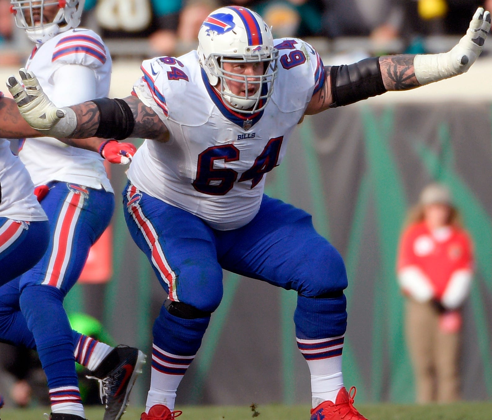 FILE - In this Jan. 7, 2018, file photo, Buffalo Bills offensive guard Richie Incognito (64) sets up to block against the Jacksonville Jaguars defensive during the second half of an NFL wild-card playoff football game, in Jacksonville, Fla. Bills off