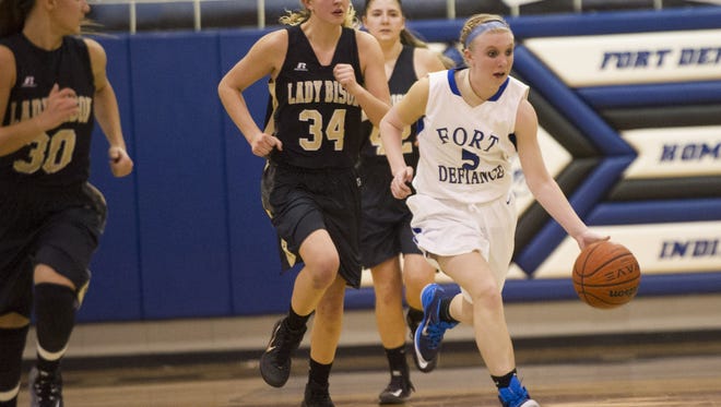 Fort Defiance's Emily Humphries dribbles downcourt against Buffalo Gap during their basketball game on Friday, Dec. 12, 2014.