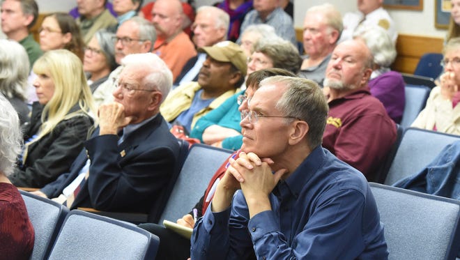 Those gathered listen to officials from Augusta County as well as representatives of Common Sense Courthouse Solutions present different possibilities for the future of the Augusta County courthouse during a forum, sponsored by Shenandoah Valley Tea Party Patriots, held in Staunton on Thursday, Oct. 6, 2016.