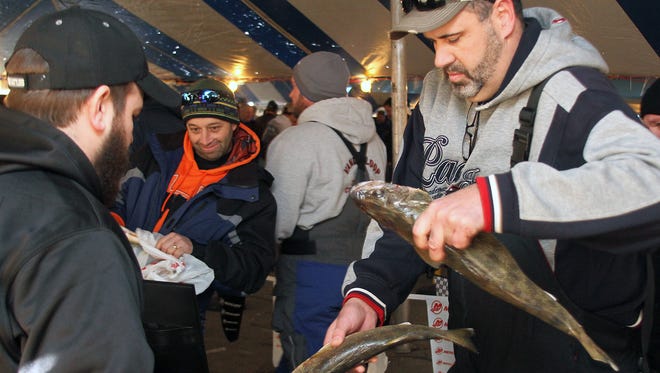 Brian Mahlendorf switches fish being weighed at the annual Battle on Bago fishing tournament in 2014.
