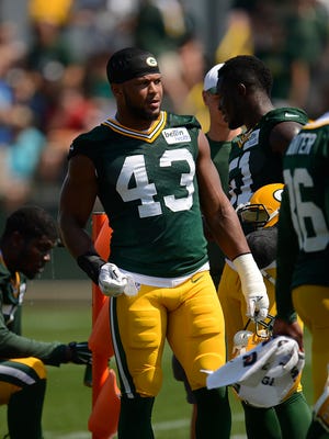 Green Bay Packers linebacker James Vaughters looks on during training camp practice at Ray Nitschke Field on Saturday, Aug. 15, 2015.