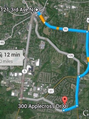 This map shows the distance between two armed robberies reported in Franklin on Thursday night.
