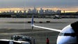 The Manhattan skyline can be seen from Terminal C at