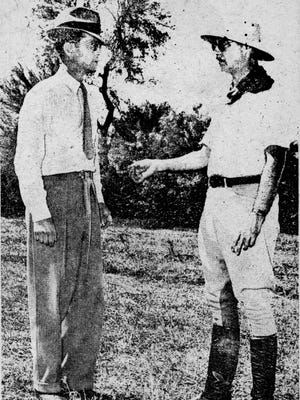 A grainy Mesa-Journal Tribune photo shows "The Hour Before the Dawn" star Franchot Tone and film director Frank Tuttle “discussing how many cattle should be driven by a farmer in one of the scenes…” shot on the Rogers Ranch in Lehi.