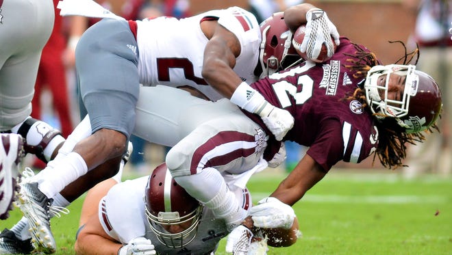Mississippi State running back Ashton Shumpert and the rest of the Bulldog backs haven't found a rhythm this season.