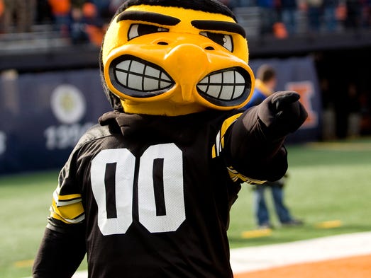Iowa Hawkeyes mascot "Herky" poses for a photo in the