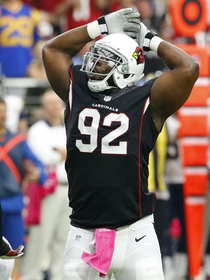 Arizona Cardinals defensive end Frostee Rucker celebrates during their NFL game against the St. Louis Rams Sunday, Oct. 4, 2015 in Glendale, Ariz.
