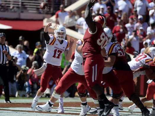 Oct 7, 2017; Norman, OK, USA; Iowa State Cyclones quarterback