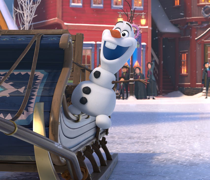 Olaf (voiced by Josh Gad, center) teams up with Sven on a mission to find holiday traditions in 'Olaf's Frozen Adventure,' playing in front of the theatrical release of Pixar's 'Coco.'