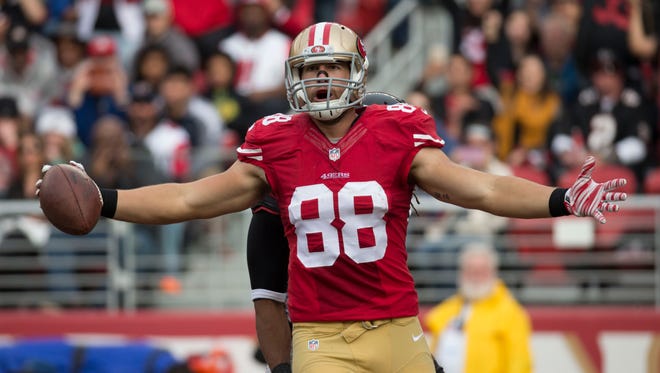 San Francisco 49ers tight end Garrett Celek (88) celebrates after scoring a touchdown against the Atlanta Falcons during the second quarter at Levi's Stadium in November.