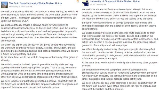 Screenshots of nearly identical Facebook posts from groups claiming to be white student unions at UC and OSU.