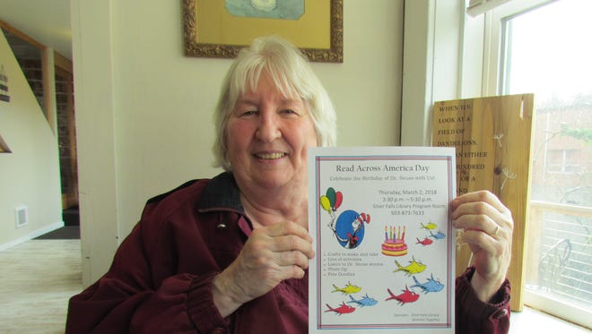 Silverton Today Program Coordinator Jan Holowati attends the Wednesday, Feb. 21, Creekside Chat to encourage participation in Read Across America Day, March 2 at Silver Falls Library.