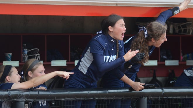 The Bay Port dugout celebrates in the second inning where the Pirates would score four runs. Bay Port faced Kenosha Bradford in the WIAA Division 1 State Softball quarterfinal at the Goodman Softball Complex in Madison on Friday.