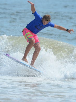 Timmy Vitella, Milton, during his heat in the semifinals of the Skim USA Association ZAP Pro/Am Skimboarding Competition in Dewey Beach, De. on Friday, August 11, 2017.