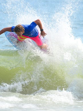 Timmy Vitella, Milton, during his heat in the semifinals of the Skim USA Association ZAP Pro/Am Skimboarding Competition in Dewey Beach, De. on Friday, August 11, 2017.