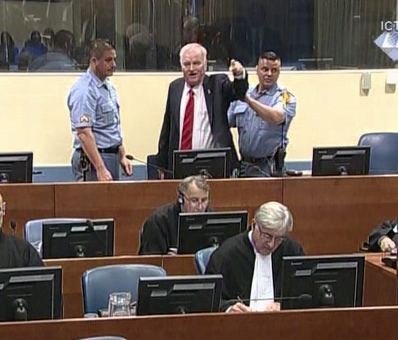 Bosnian Serb military chief Ratko Mladic during an angry outburst in the Yugoslav War Crimes Tribunal in The Hague, Netherlands, on Nov. 22.