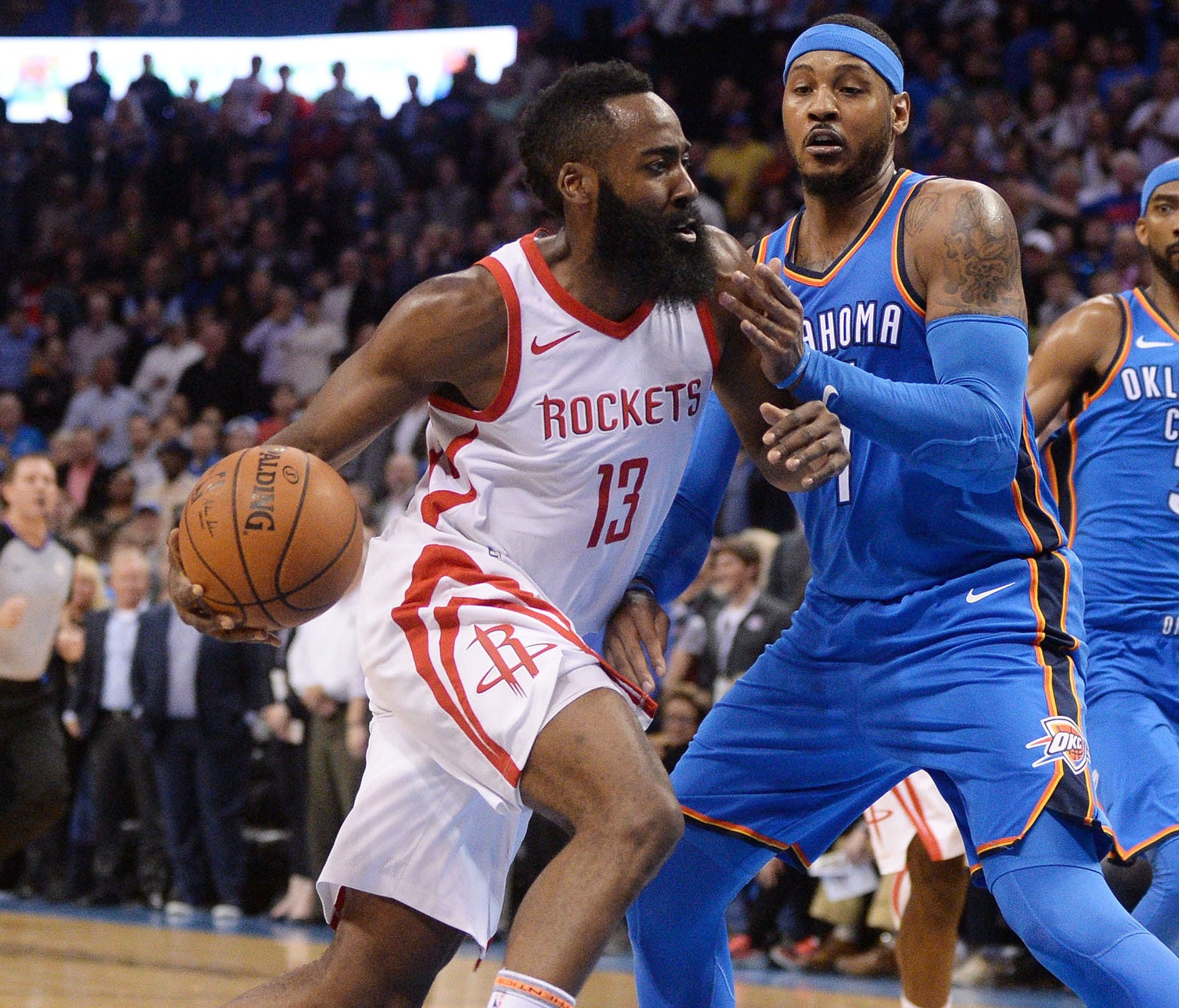 James Harden had 23 points and 11 assists for the Rockets to beat Carmelo Anthony and the Thunder.