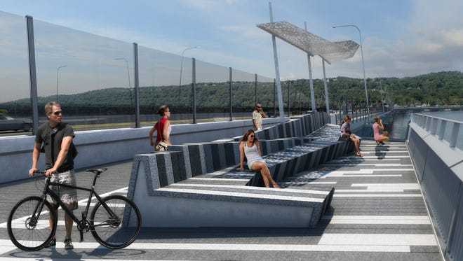 This rendering shows cyclists and pedestrians using a viewing area off of the shared 3-mile path that will be on the northern span of the new Tappan Zee Bridge. Rockland County is visible in the background.