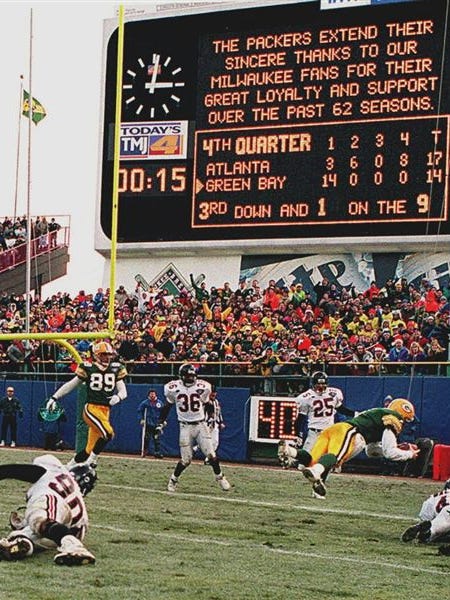 In the final Packers game ever at Milwaukee County Stadium, on Dec. 18, 1994, Brett Favre dives into the end zone to score the game-winning touchdown against the Atlanta Falcons.