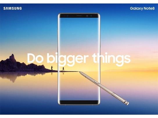Samsung Galaxy Note8 advertisement featuring the phone overlaid with the text 