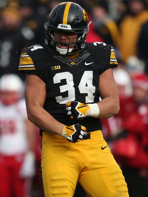 Nate Meier, seen here in 2014, played a big role in Iowa's win over Wisconsin. Meier and Drew Ott are both eight-player products, and Iowa's starting defensive ends.