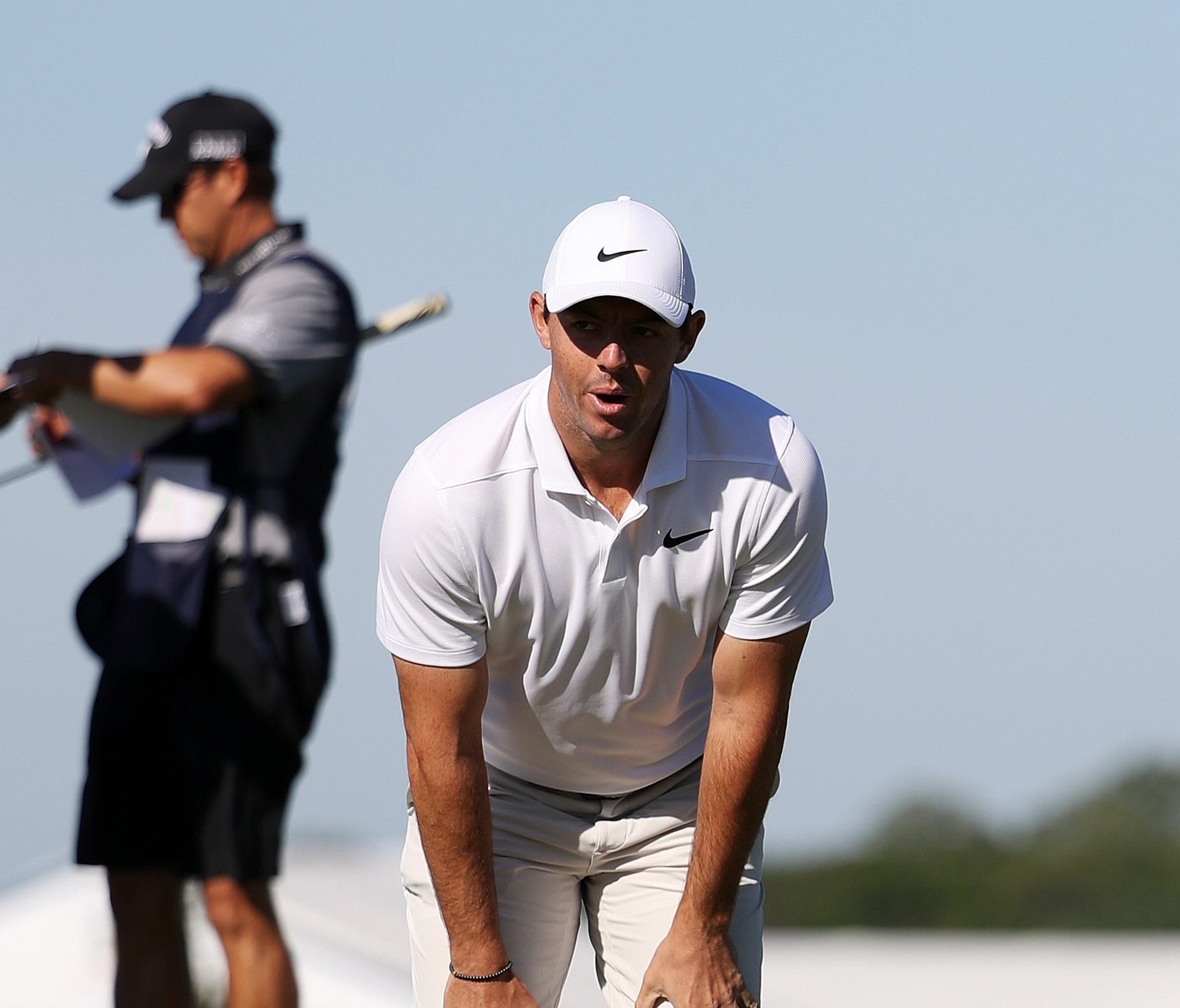 : Rory McIlroy of Northern Ireland reacts to his birdie putt on the 11th hole during the first round of the 2018 U.S. Open at Shinnecock Hills Golf Club on June 14, 2018 in Southampton, New York.