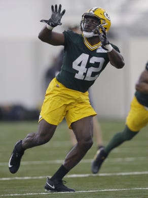 Oren Burks (42) is shown during Green Bay Packers rookie camp Friday, May 4, 2018, at the Don Hutson Center.