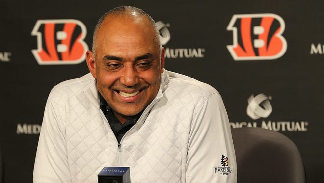 Cincinnati Bengals head coach Marvin Lewis takes questions from reporters on his future with the team, Monday, Jan. 1, 2018, at Paul Brown Stadium in Cincinnati. 