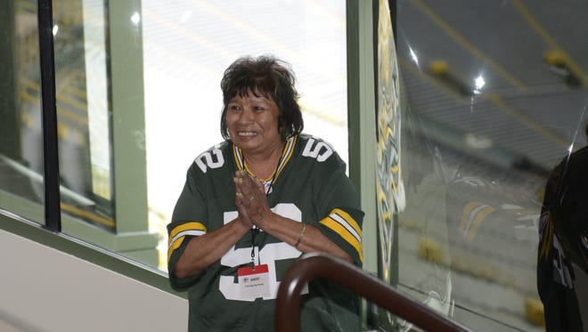Susan Sayeed of Luck reacts to seeing the suite where she will watch the opening game of the regular season with friends. The suite is part of the grand prize package Sayeed won from the Green Bay Packers and Wisconsin Lottery. July 25, 2017.
