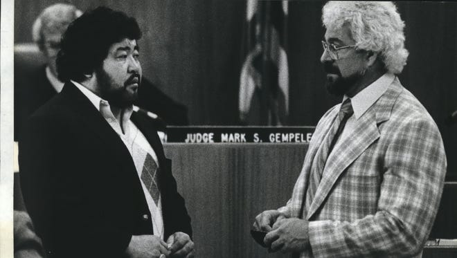 Wrestlers Masanori Saito (left) and Ken Patera faced a jury trial in Waukesha County for their roles in assaulting police officers inside a Waukesha hotel in 1984. They were each sentenced to two years in prison. Saito died July 14 at the age of 76.