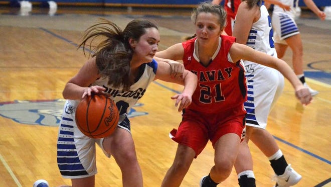 Onaway's Taylor Larson (right) defends Inland Lakes' Megan Vigneau during a varsity girls basketball contest from the 2018-19 season. Larson, now a junior, is one of many key players back for an Onaway squad that finished third in the Ski Valley Conference last season.