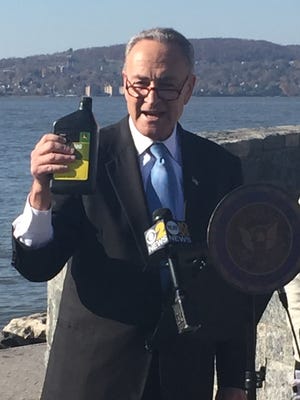 Speaking at Pierson Park in Tarrytown, U.S. Sen. Charles Schumer says nautical maps and charts of the Hudson River are outdated,  increasing the risk of oil tanker spills.