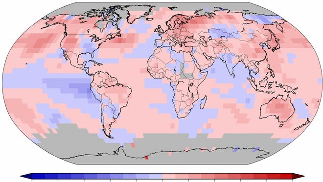Areas in pink and red had a warmer-than-average summer, while areas in blue saw a cooler-than-average summer.