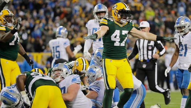 Green Bay Packers inside linebacker Jake Ryan (47) celebrates after the Packers stopped the Detroit Lions on 3rd and goal in the fourth quarter at Lambeau Field on Monday, November 6, 2017 in Green Bay, Wis.