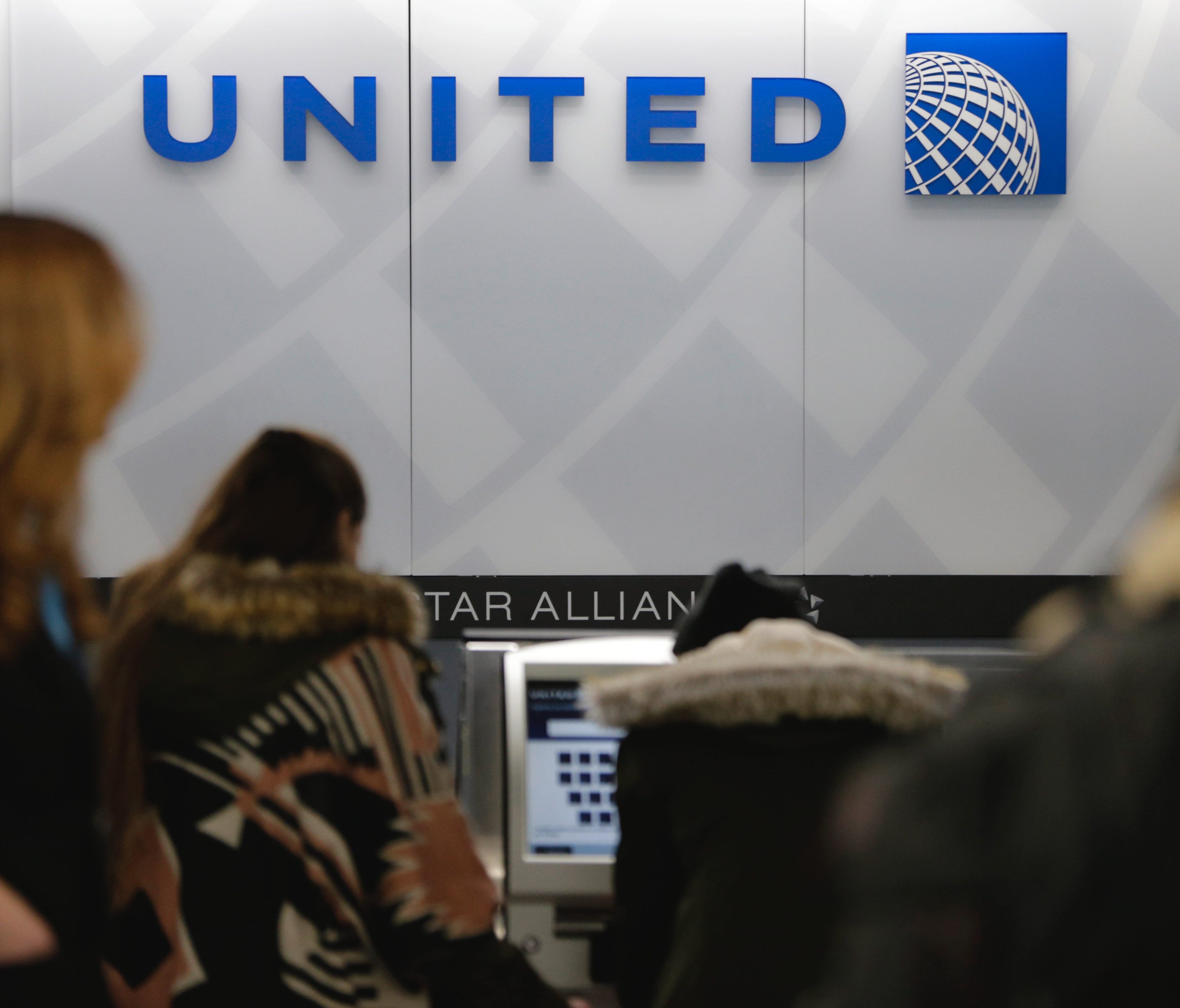 A United Airlines counter is pictured at New York's LaGuardia Airport.
