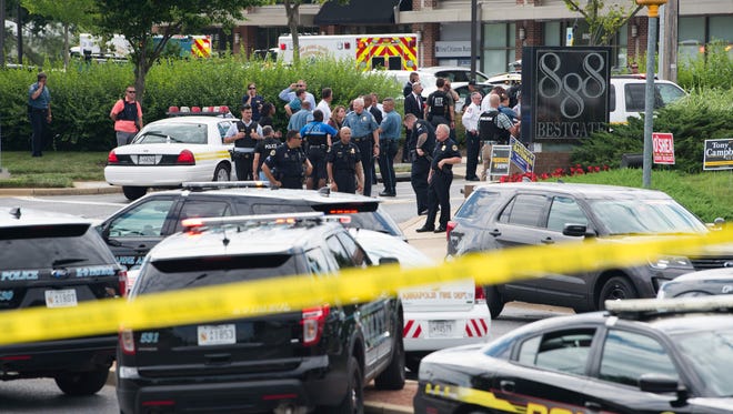 Police respond to a shooting in Annapolis, Maryland, on Thursday, June 28, 2018.
Several people were killed Thursday in a shooting at the building that houses the Capital Gazette, a daily newspaper published in Annapolis, a historic city an hour east of Washington.