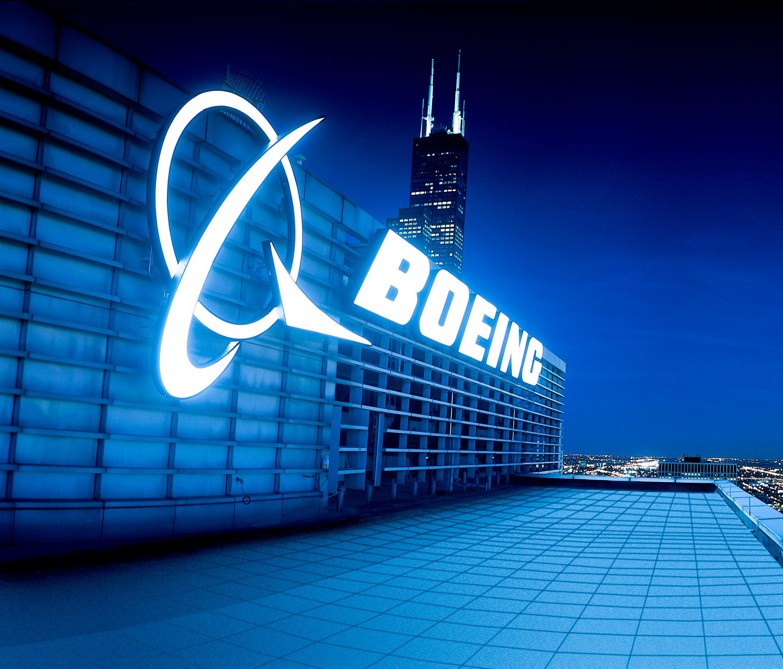 This file photo shows the logo sign atop the Boeing's corporate headquarters in Chicago.