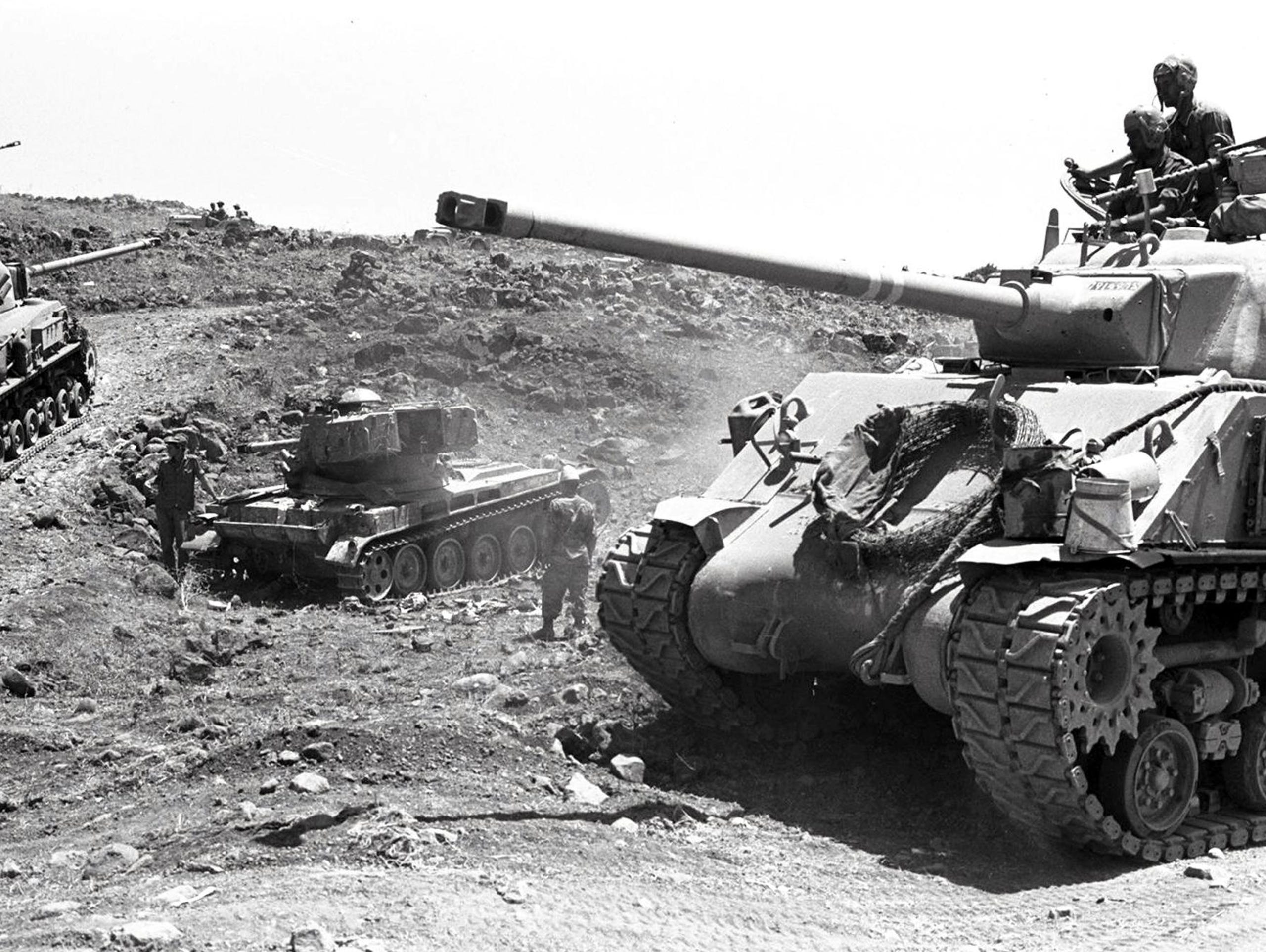 Israeli tanks advance through difficult hilly terrain on the Golan heights during the Six-Day Arab-Israeli war on June 10, 1967.
Gershon Yuval, AFP/Getty Images