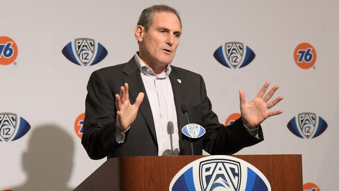 Pac-12 commissioner Larry Scott addresses the media at press conference at the Pac-12 Conference championship game at Levi's Stadium.
