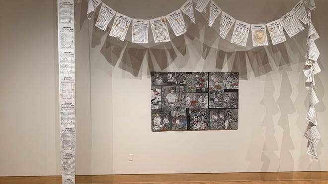 Susan Callahan's "Kitchen Prayer Flag," 2019 (cotton, acrylic paint, mustard and ketchup, jelly and balsamic dressing, 11.5" x 20" x 240").