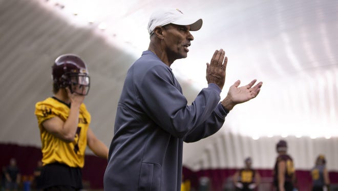 Head football coach Herm Edwards of the Arizona State Sun Devils applauds during a practice at Arizona State University on Sunday, October 28, 2018 in Tempe, Arizona.