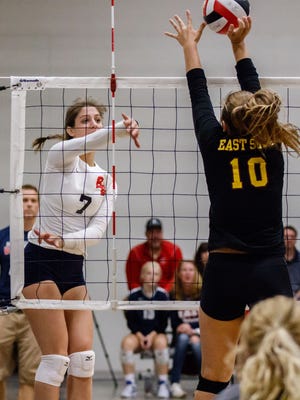 Brookfield East senior Emma Ralfs (7) taps one over during a match against West Bend East in the Mizuno Charger Rally at the Milwaukee Sting Center on Saturday, Sept. 16, 2017.